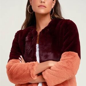 Pink and Burgundy Purple Color Block Faux Fur Puffer Jacket LuLus Size Small